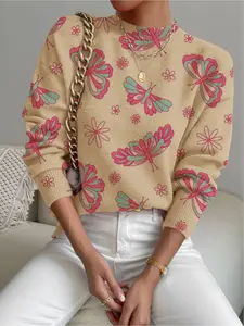 Women's Butterfly Print Stand Collar Sweater, Casual Long Sleeve Knitwear for Fall Winter, Comfortable Warm Daily Wear