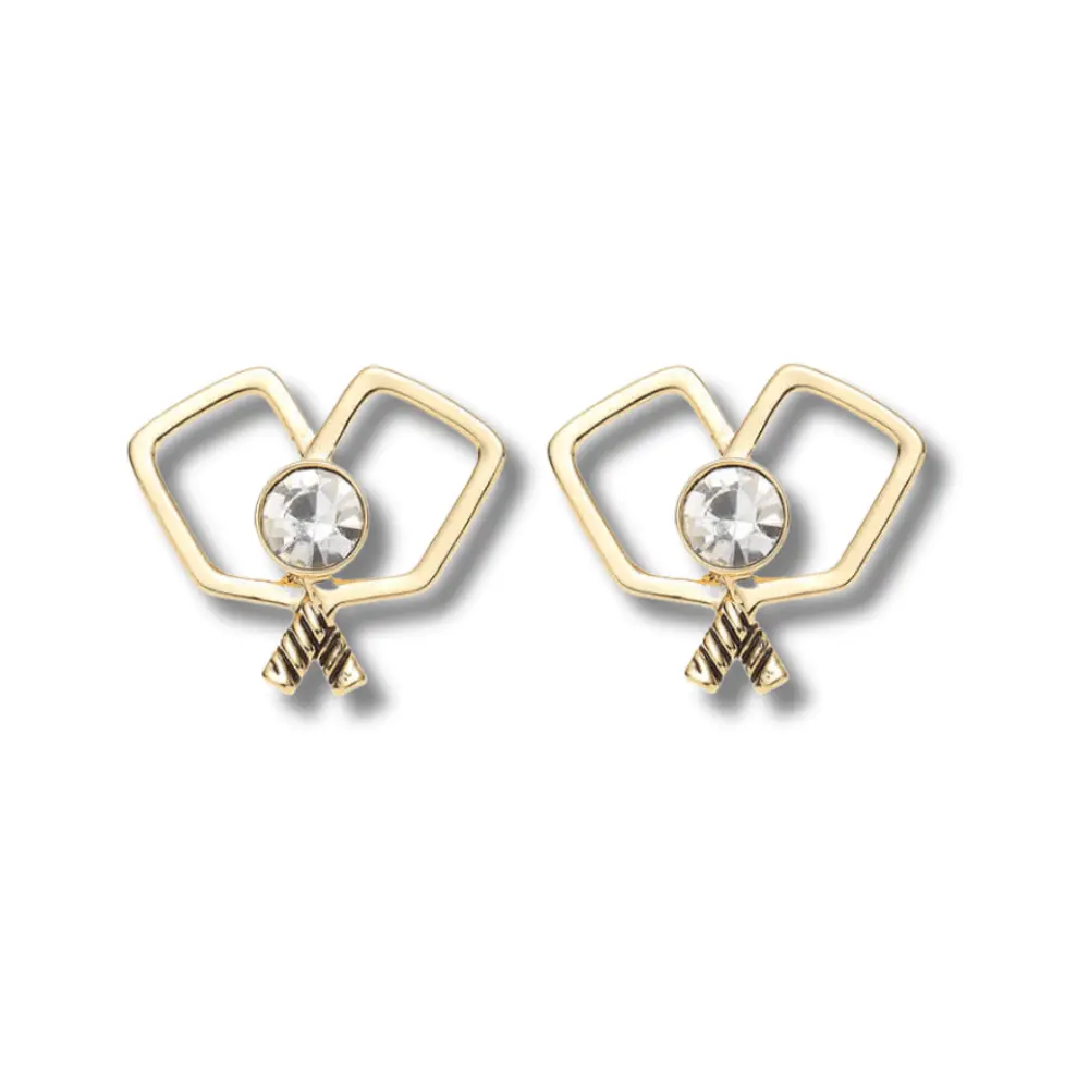 Gold Double Pickleball Paddle CZ Stud Earrings