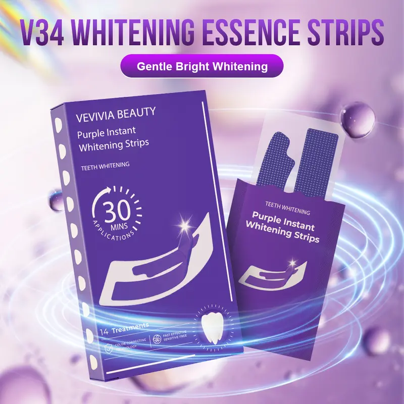 VEVIVIA BEAUTY Purple Color-Correcting Teeth Whitening Strips Oral Care Kit - 14 Pcs Non-Sensitive Whitener, Peppermint Oil, 30 Mins Brightening, Non-Medical, for Special Events & Date Touch-Ups