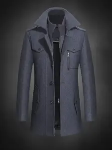 Men's Solid Color Button Front 2-IN-1 Lapel Overcoat, Regular Fit Casual Long Sleeve Flap Pocket Coat for Fall & Winter, Men's Classic Clothes for Daily Wear, Casual Outerwear