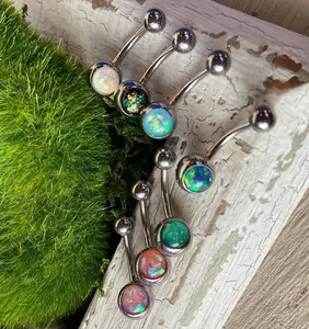 Solitaire Opal Glitter Gem Belly Ring 316L Surgical Steel Navel Naval