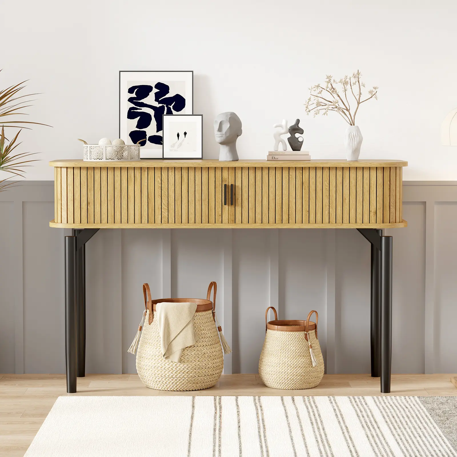 Modern Fluted Console Table – 47" Entryway or Sofa Table with Sliding Doors, Drawers, Storage Shelf – Oak Wood Accent Table for Living Room, Hallway, Foyer – Matte Black Frame