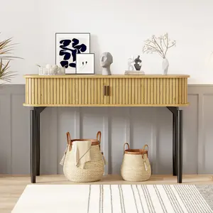 Modern Fluted Console Table – 47" Entryway or Sofa Table with Sliding Doors, Drawers, Storage Shelf – Oak Wood Accent Table for Living Room, Hallway, Foyer – Matte Black Frame
