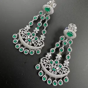 Diamond jhumka earrings Elegant Female Baroqu Indian Pakistani jewelry long earring sabyasachi wedding bridesmaid gift pair of earrings pink American Diamond