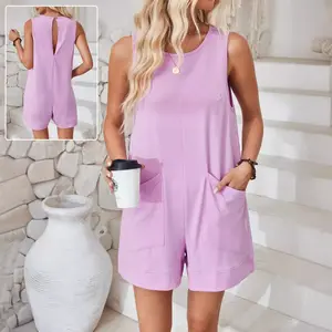 Women's Casual Romper Stretchy Onesie Summer Sleeveless Shorts Jumpsuit with Pockets Comfortable loose fit