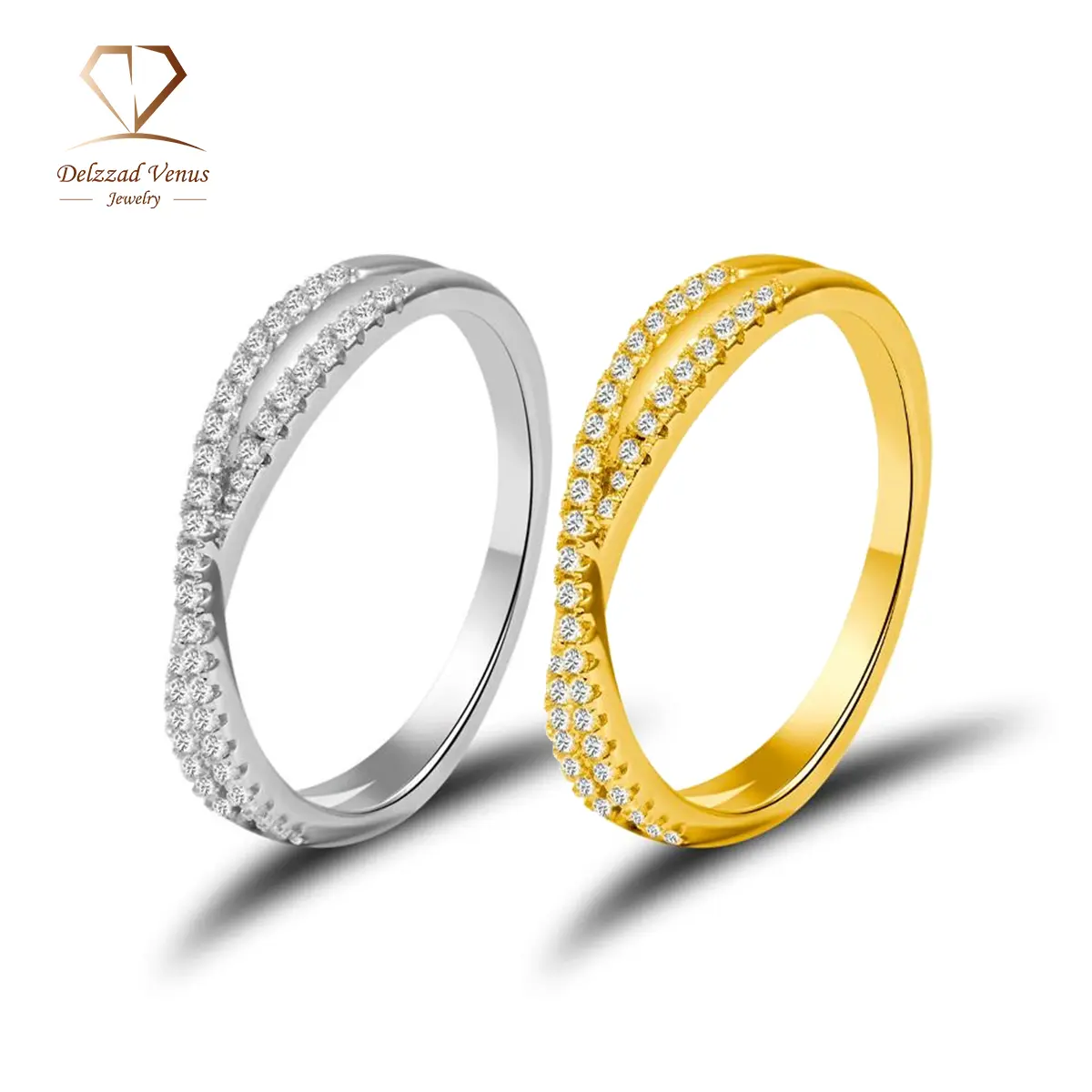 Delzzad 14 Karat Gold Plated Crossover Artificial Moissanite Ring - Round Cut Sparkling Marriage Ring, Certified Gold Piece for Engagement, Anniversary Gift