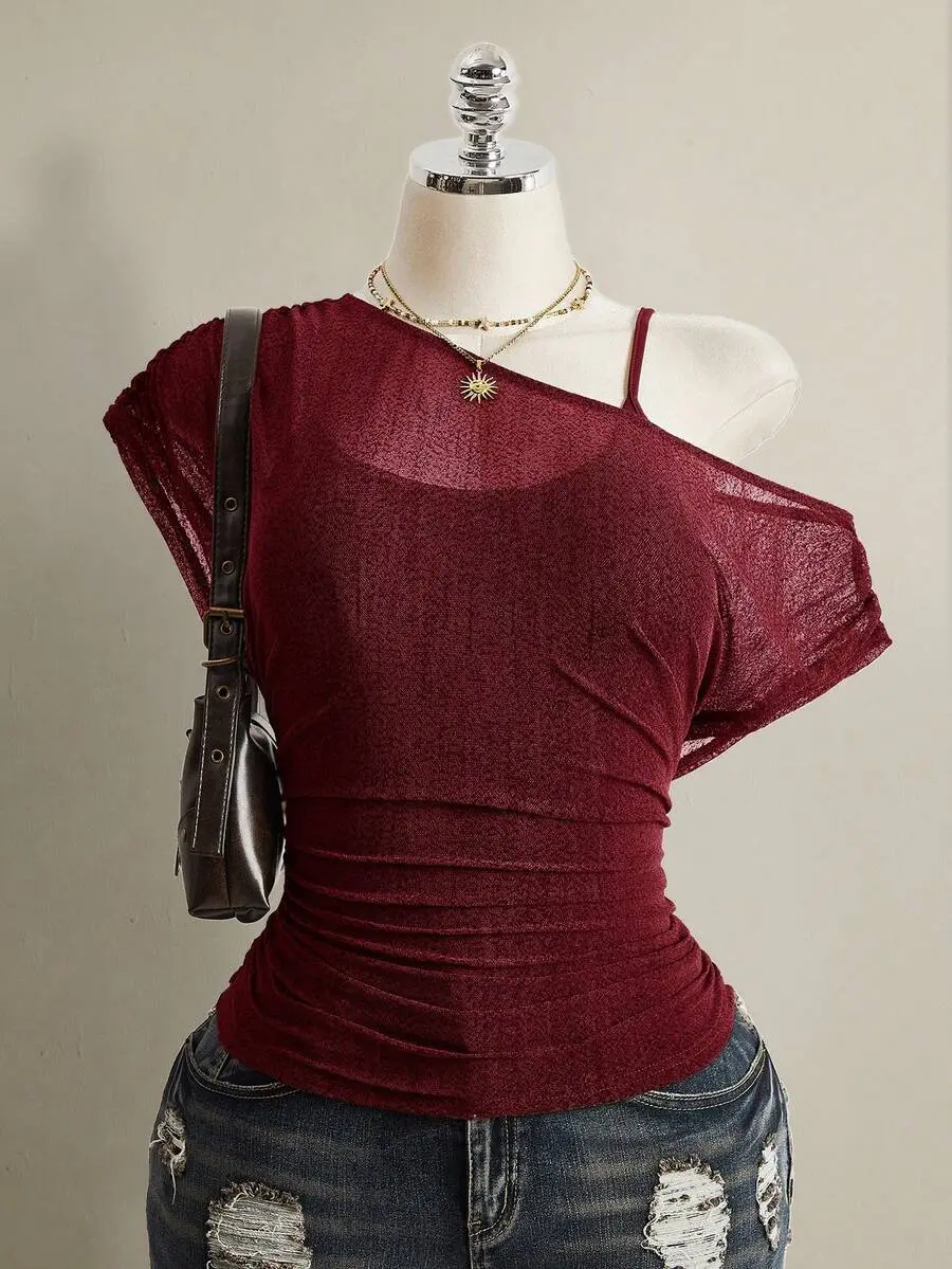Plus Size Asymmetric Neckline Solid Color T-Shirt with Contrast Mesh for Work and Errands