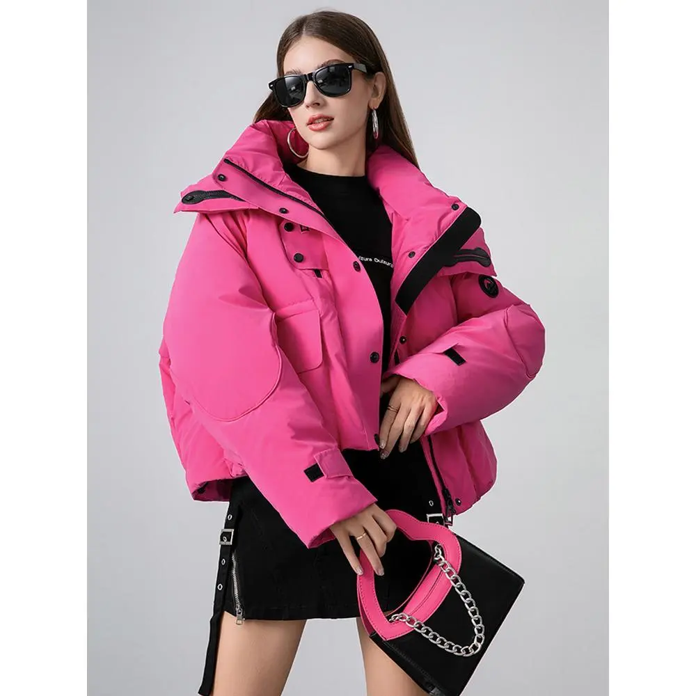 Women's Hooded Down Parka, Short Thick Warm Winter Puffer Jacket with Zipper, Solid Color Outdoor Outerwear