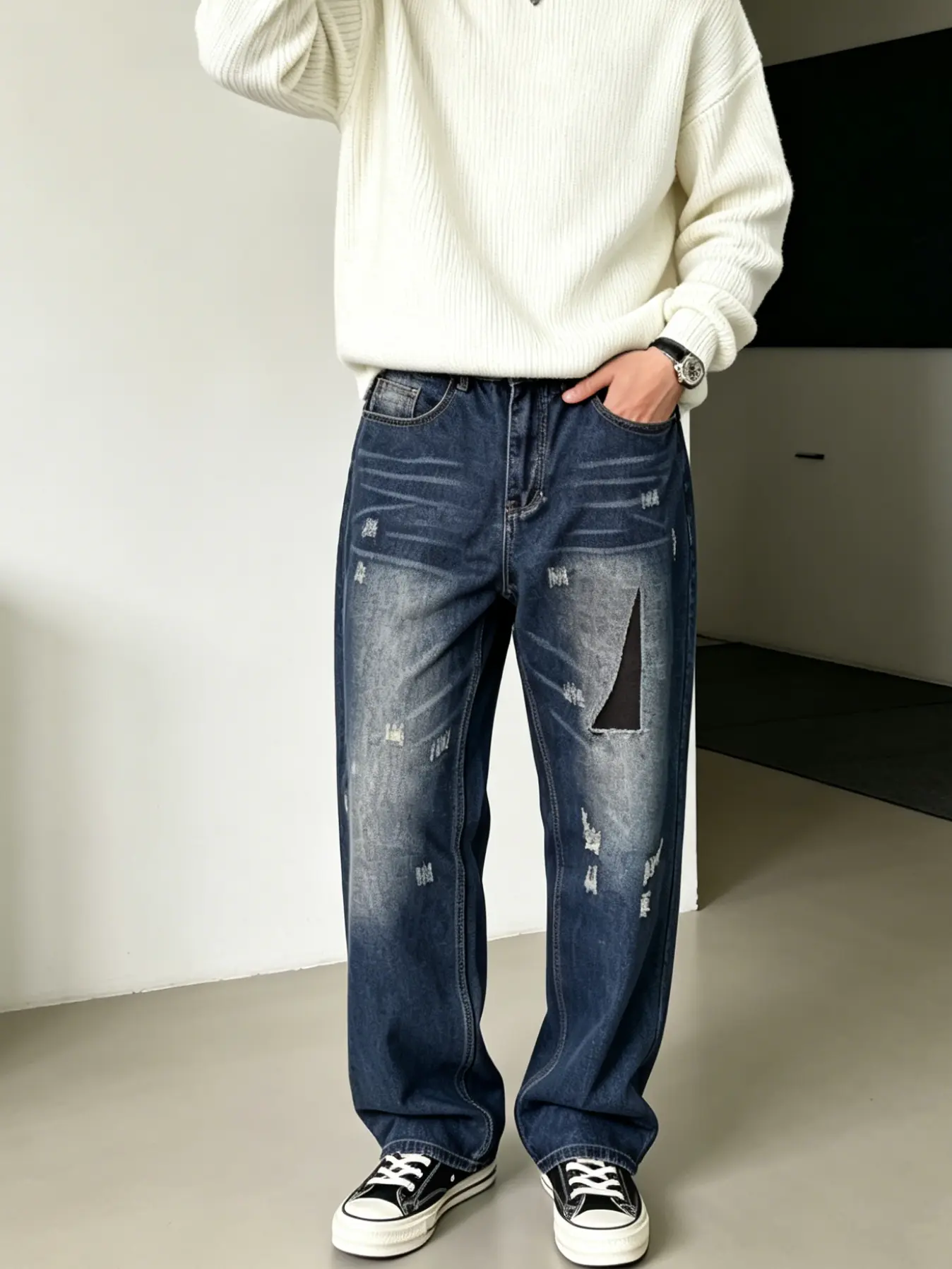Men's Loose Wide-Leg Jeans, Distressed Heavyweight Rigid Denim with Asymmetrical Patchwork for a Grunge Streetwear Style, Plain, All Seasons, Machine Wash, Baggy Jeans, Heavy Denim, Loose-Fit, Whiskered, Full Length, Casual, Cotton, H Type