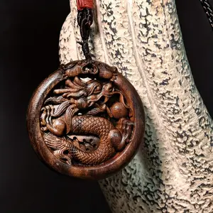 Double-Sided Dragon Carved Wood Pendant, Classic Ethnic Style Hanging Ornament, Exquisite Crude Wood Carving Craftwork Decor Wooden Hangable Decoration