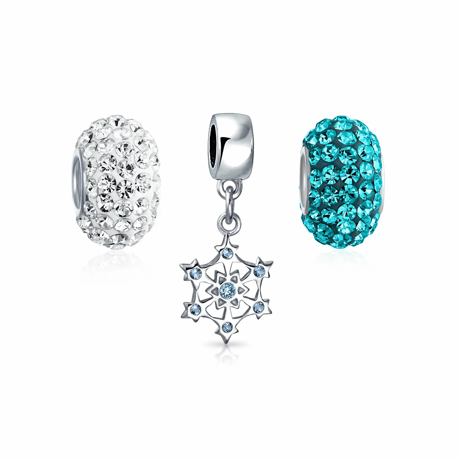 .925 Sterling Silver Blue White Crystal Christmas Snowflake Charm Bead for Bracelet (Set of 3)