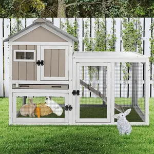 Petscosset 48" L Rabbit Hutch Outdoor Indoor Bunny Hutch Weatherproof, 2-Story Wood Rabbit Cage with Deep Tray, Chew-Resistant Ramp, UV Roof, Bunny House for Small Animal