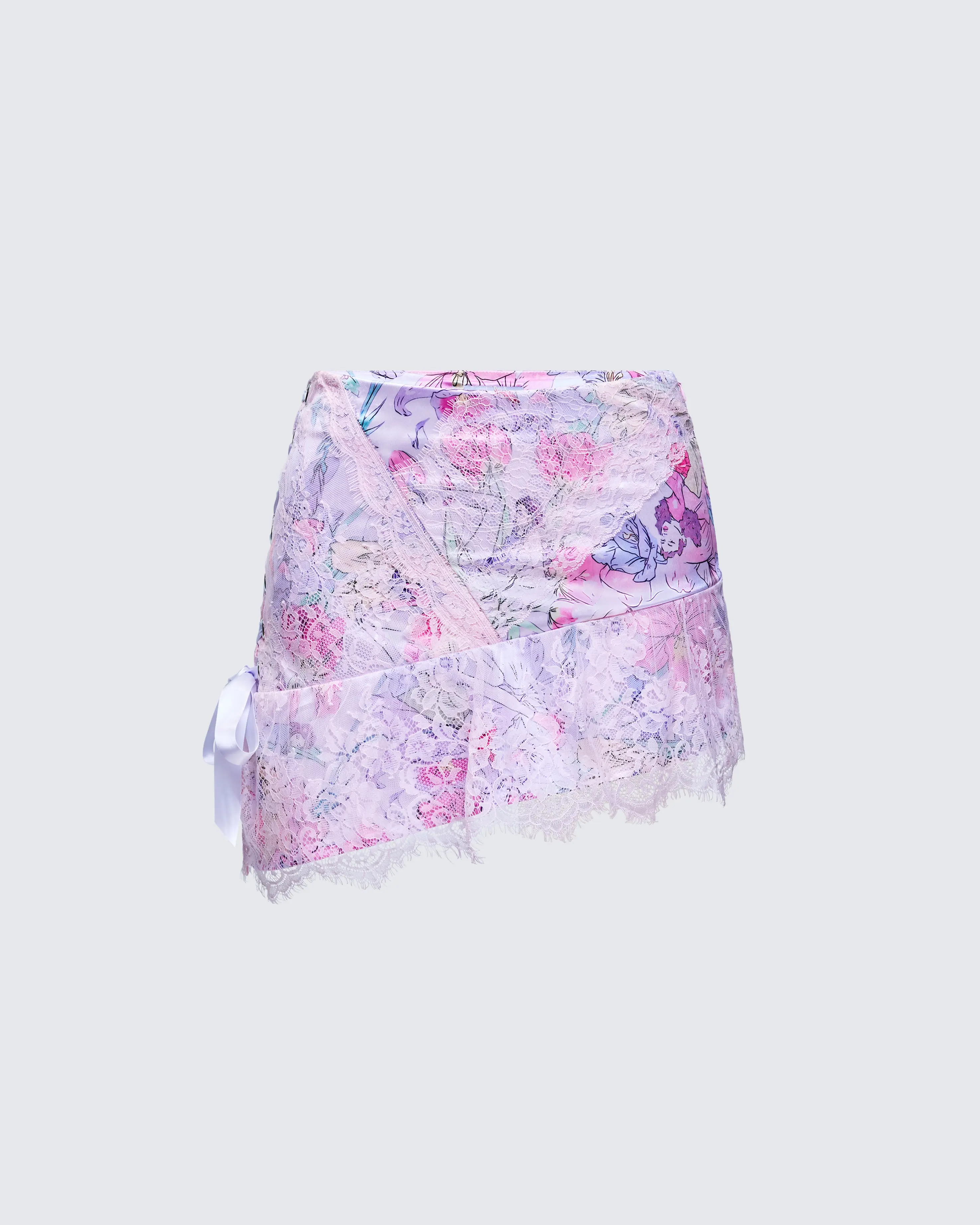 Women's Fitted Lilac Floral Print Satin Wrap Mini Skirt - Polyester Bottoms with Asymmetric Hem, Lace Trim, Ribbon Side Tie for Birthday Occasions, Soft, Wrap Around Skirts, Floral Skirts