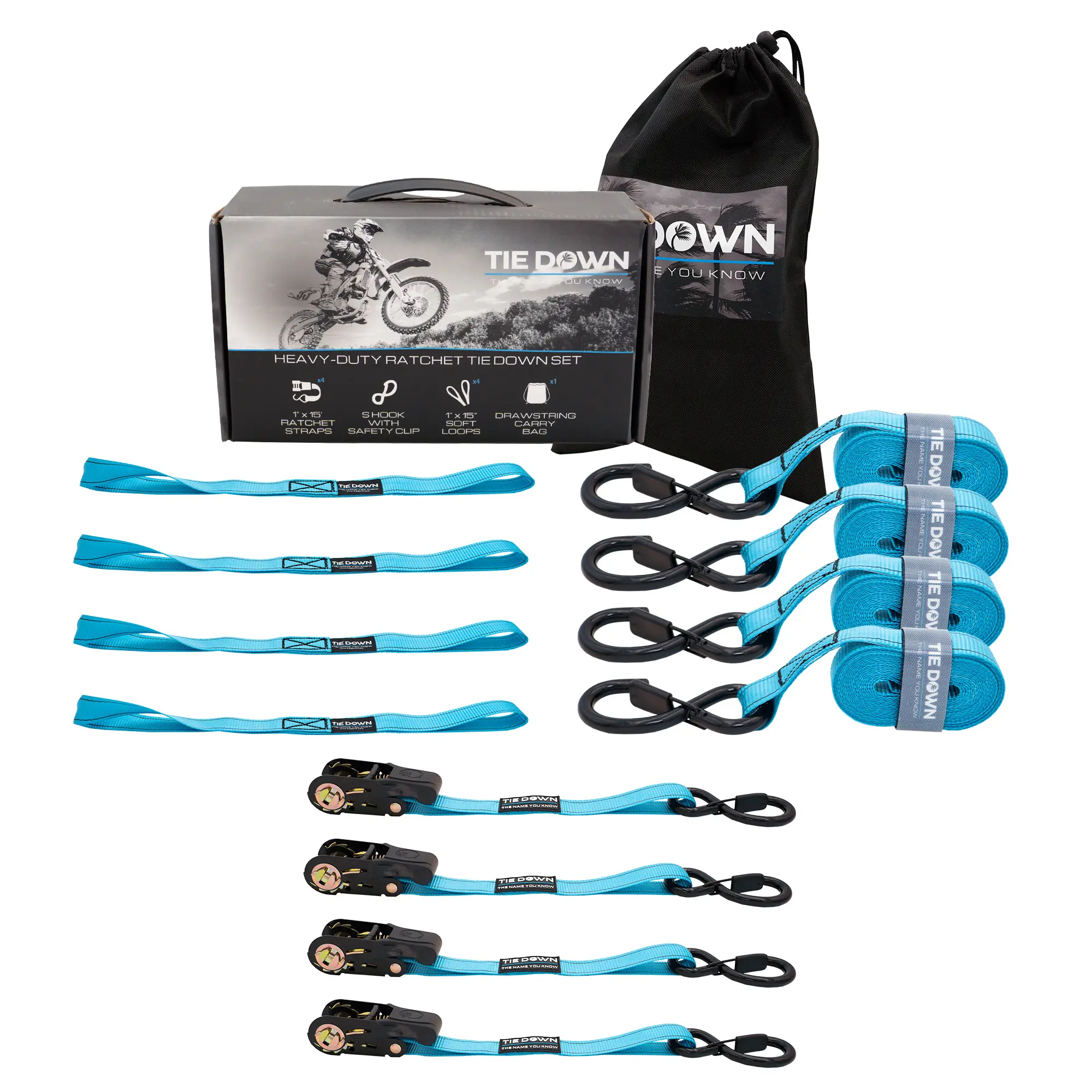 Tie Down Ratchet Strap 1 inch x 15 ft, 4-Pack Kit - 1823 lbs. Breaking Load Limit