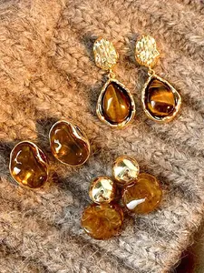 3 Pairs Vintage Amber-Color Resin Alloy Ear Studs, Suitable For Women's Daily Wear Jewelry, Christmas Gift, Holiday Gift, Singles Party Gift