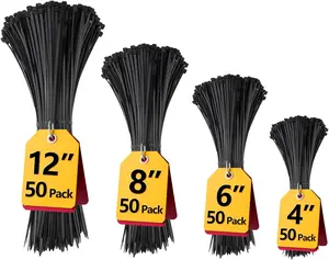 Black Zip Ties Assorted 12+8+6+4 Inch, 200 Pack, Cable Ties, UV Resistant Wire Ties for Outdoor Use,Tie Straps,