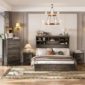 4 Pieces Bedroom Sets Wooden Queen Size Bed Frame with Storage Headboard and Charging Station, 2 Nightstands with 2 Drawers, 1 Dresser with 5 Drawers