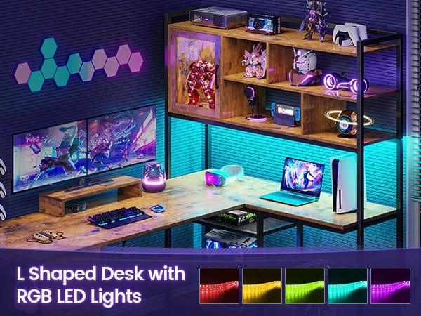 Sikaic 58 Inches L Shaped LED Gaming Desk Brown with 7 Tier Shelves, 1 Glass Cabinet & 3 Drawers, Reversible Design, RGB LED Light Strips, Modern Engineered Wood Sikaic 58 Inches L Shaped LED Gaming Desk Brown with 7 Tier Shelves, 1 Glass Cabinet & 3 Drawers, Reversible Design, RGB LED Light Strips, Modern Engineered Wood