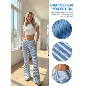 Women's Blue White Striped Flare Leg Knit Pants, High Stretch Ribbed Long Trousers for Casual Chic Outfits