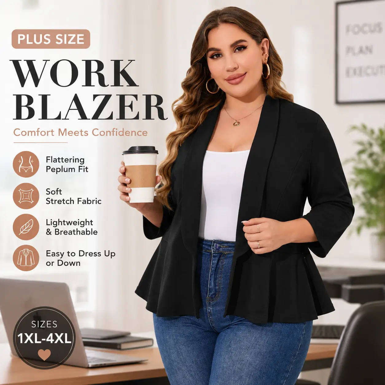 YESFASHION Women's Plus Size Peplum Blazer, Polyester Open-Front 3/4 Sleeve Stretch Jacket, Office Work Clothes for Dress Casual & Smart Casual Wardrobe Staples