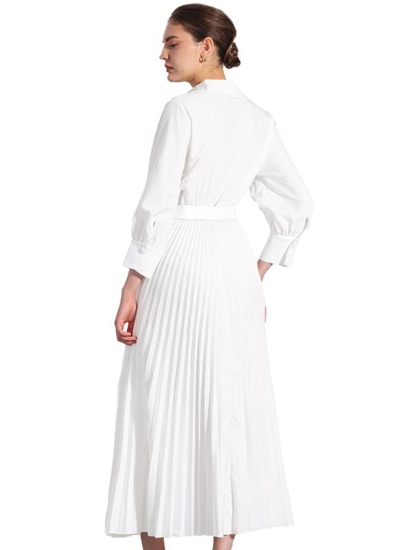 INSPIRE CHIC Collar V Neck Belted Pleated Maxi Dress White