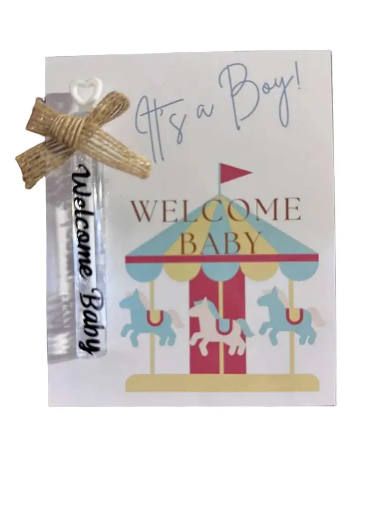 Personalized Carousel Boy Baby Shower Gift Set, Bubble Wand & Card Pack