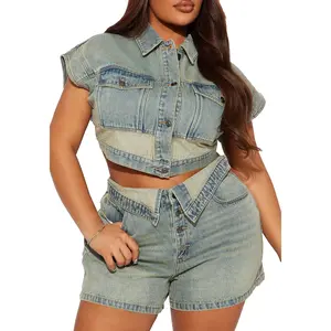 Two Piece Short Denim Sets for Women Summer Button Down Asymmetrical Waisted Sexy Cowgirl Jean Outfits