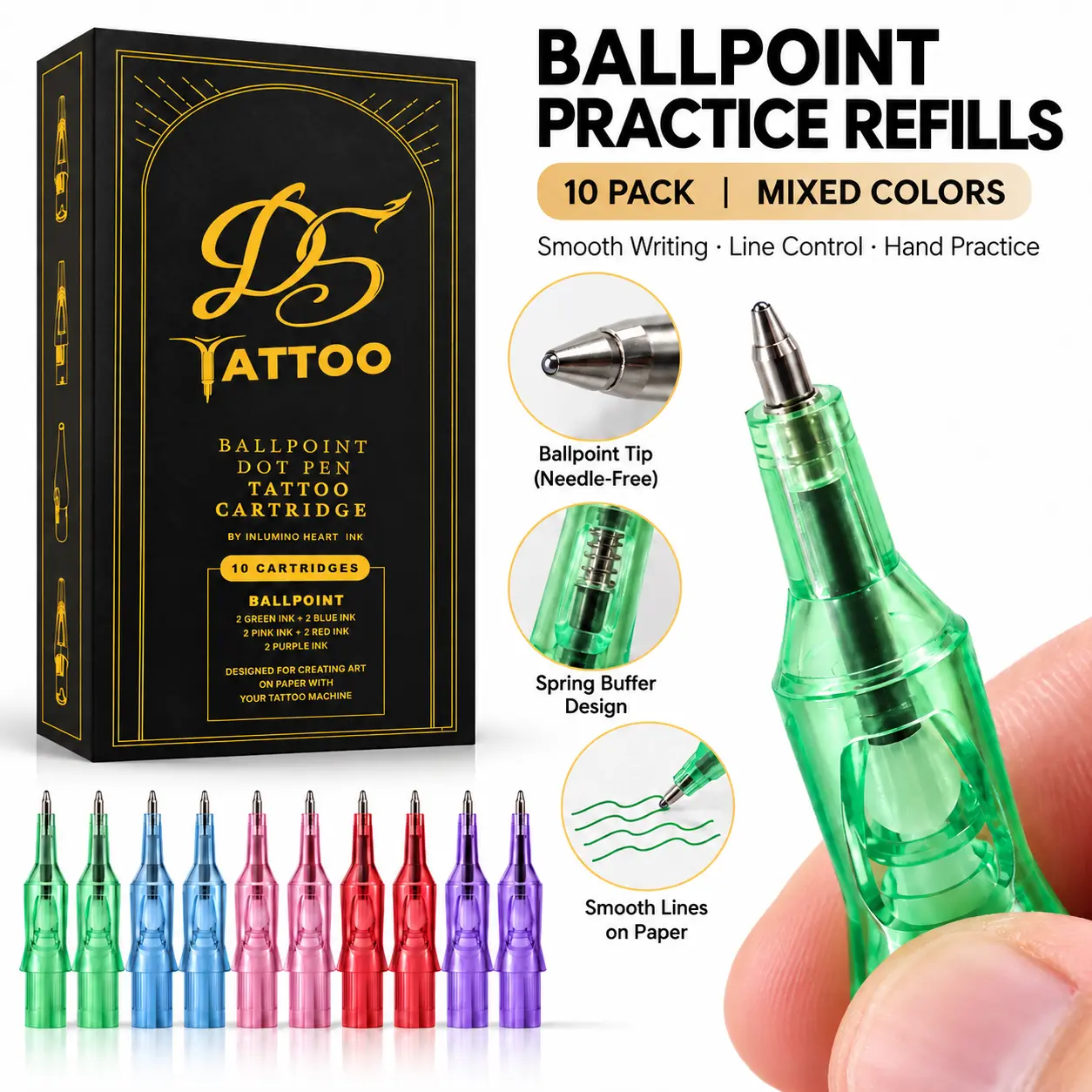 10-Pack Practice Pen Refills, Ballpoint Writing Tips with Spring Buffer for Line Control & Hand Training, Mixed Colors