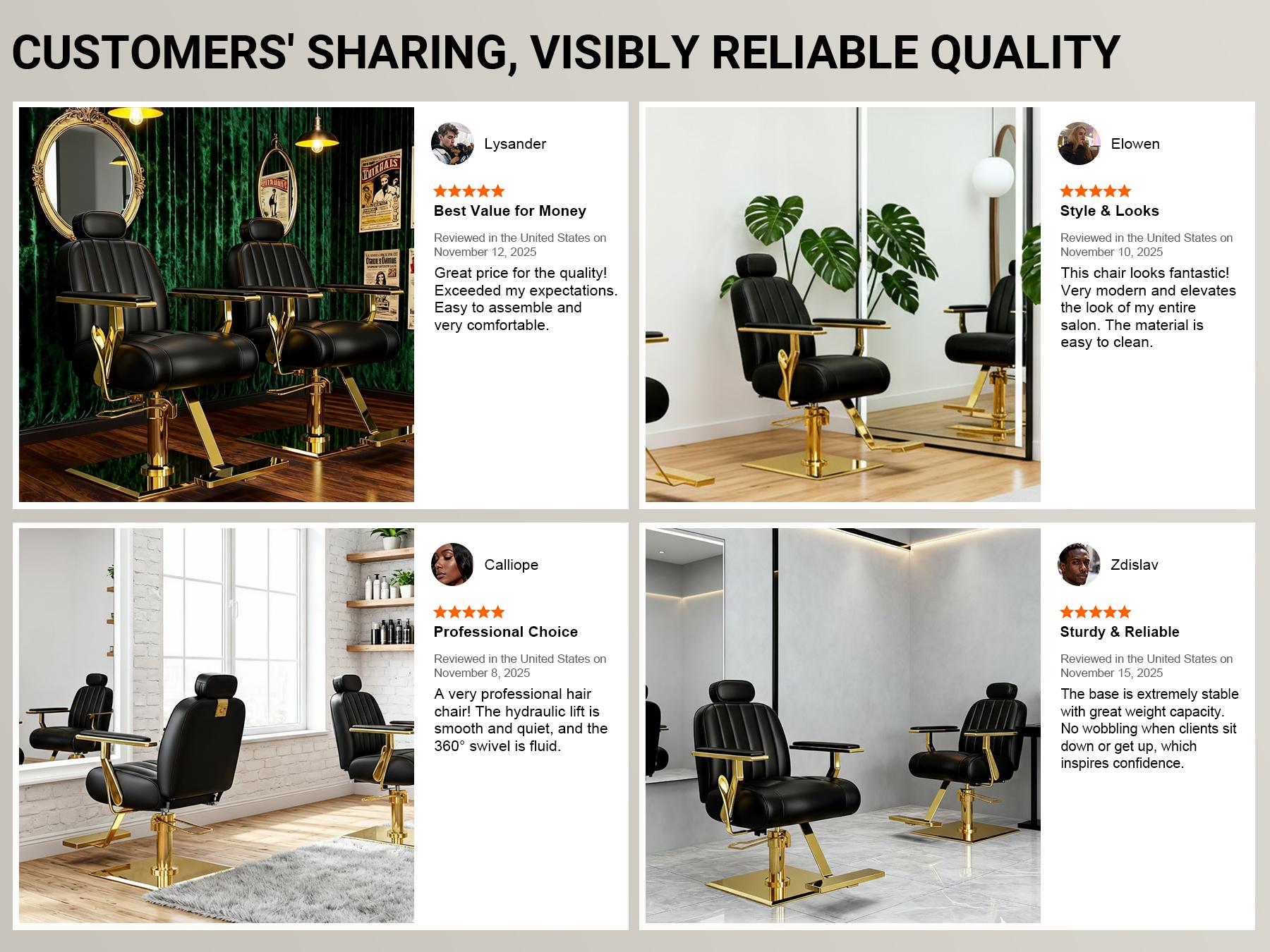 Baasha Luxury Black & Gold Reclining Salon Chair | Adjustable & Removable Headrest | 330lbs Heavy Duty Hydraulic Pump | High-Density Foam Soft PU Leather | 360° Swivel All-Purpose Styling Chair for Tattoo, Makeup & Hair Stylists