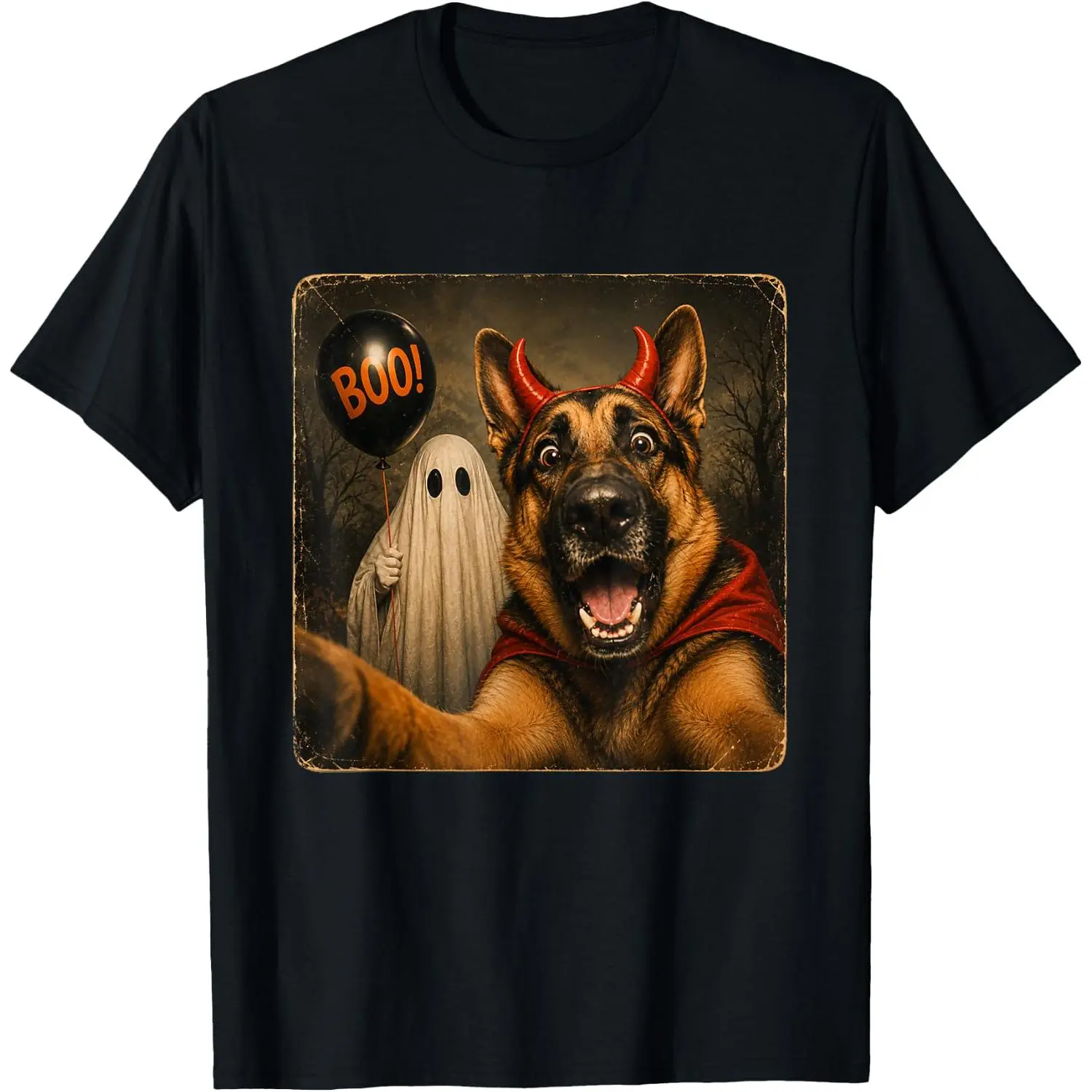 100%cotton German Shepherd Halloween Ghost Selfie Boo Dog Meme T-Shirt