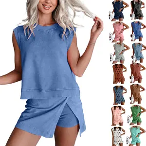 SCUSTY Women's 2 Piece Set Mineral Washed Cotton Loungewear Set Summer Summervibes Tank Top Lined Split Athletic Skirt Suits