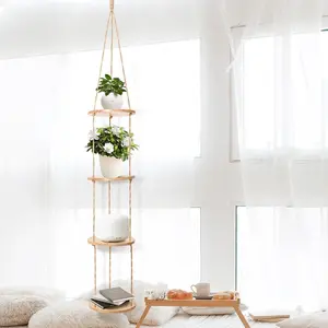 Rope Hanging  Shelf from Ceiling for Narrow Space or window Boho Hanging  Shelves,  Pine Wooden  Stand Display for Indoor, Outdoor, Corner, Balcony, Living Room and Bedroom