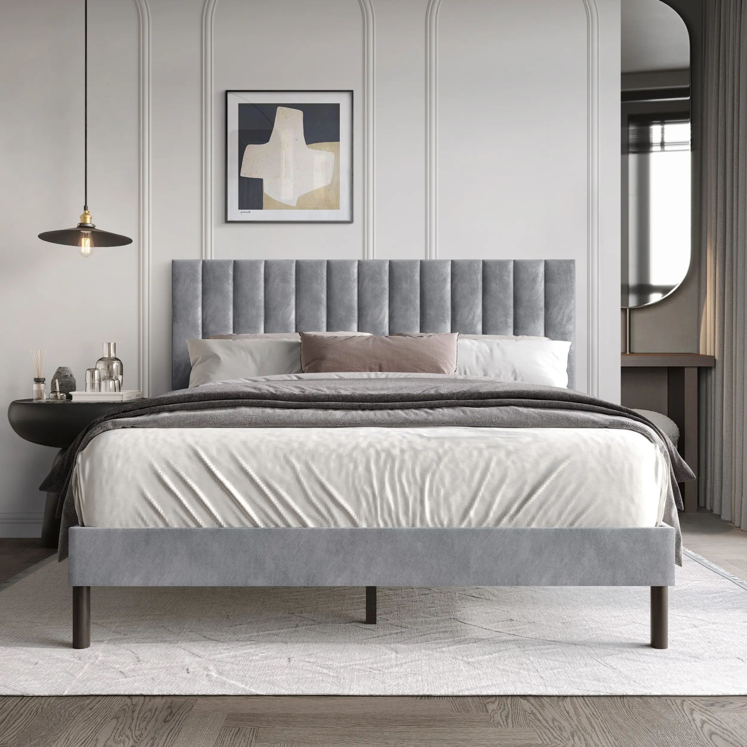 Favorer Sitka Contemporary Upholstered Bed Frame - Modern Indoor Bedroom Furniture, Box Spring Required, Silver Gray/Black, Fits Full & Queen Sizes
