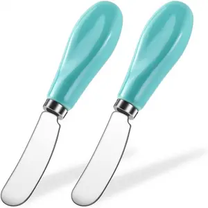 2 Pack Stainless Steel Butter Spreader Knife, Butter Knife with White Porcelain Handle, Cheese Butter Spreader Knives for Kitchen Green