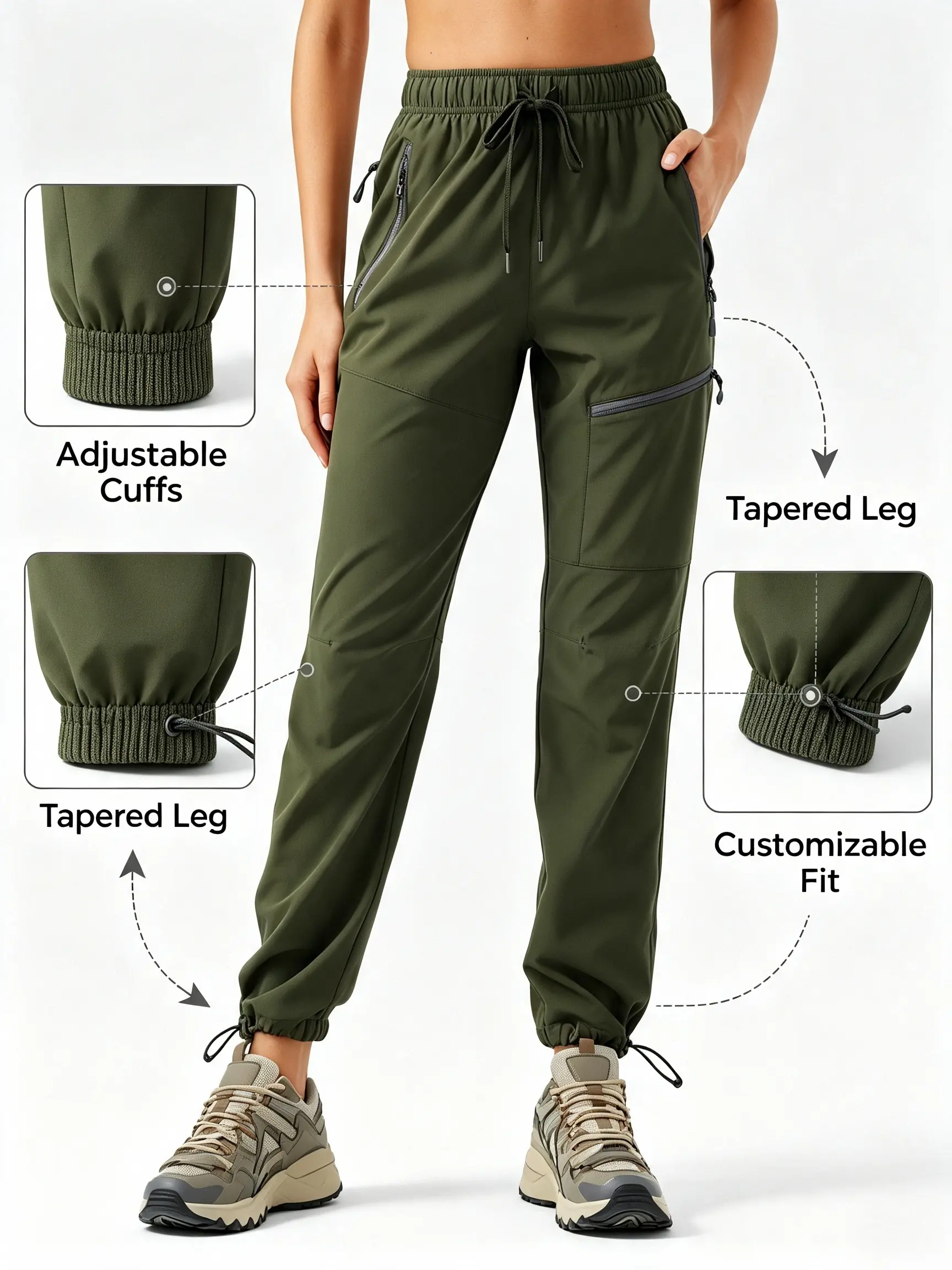 Women's High Waist Lightweight Quick Dry Stretchy Cargo Pants - Zipper-Equipped, Adjustable Ankle, Windproof Breathable Activewear for Hiking, Commuting, Daily Casual - Sportswear Athletic Casual Wear Joggers