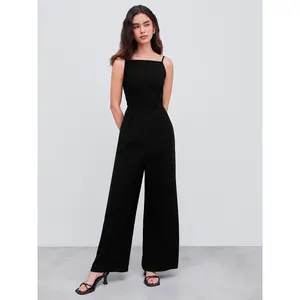 Cider Cotton-blend Square Neck Solid Shirred Jumpsuit