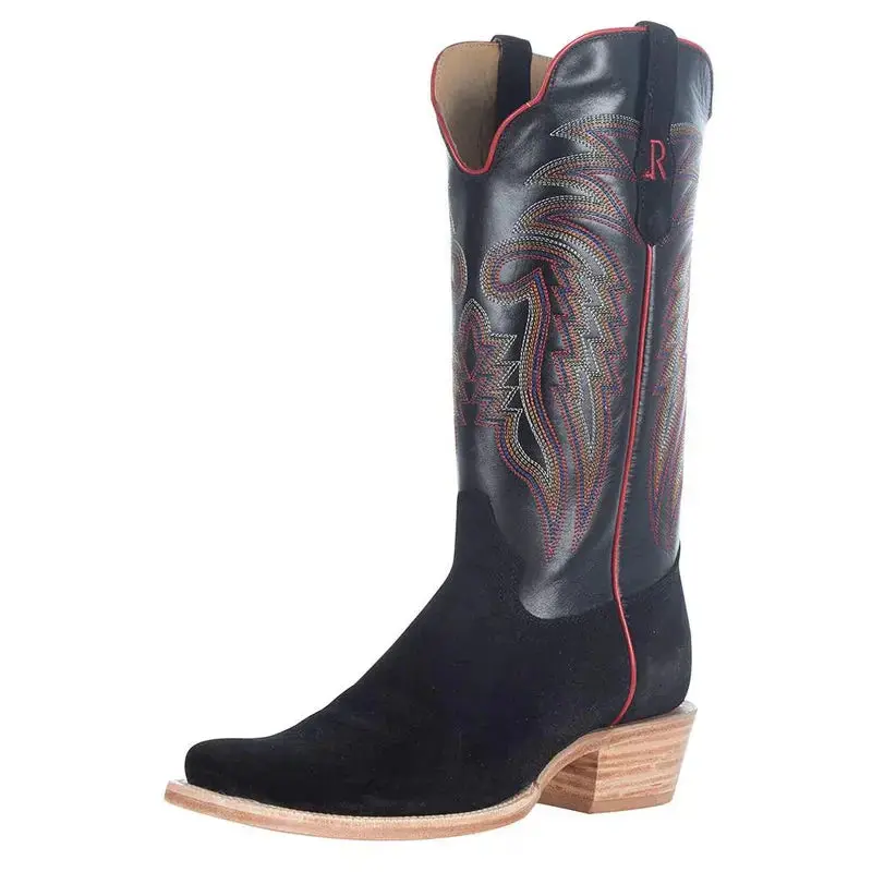 R. Watson Men’s Black Roughout Western Boots | Handmade Cowboy Boots | Cutter Toe Leather Boots RW8208-1