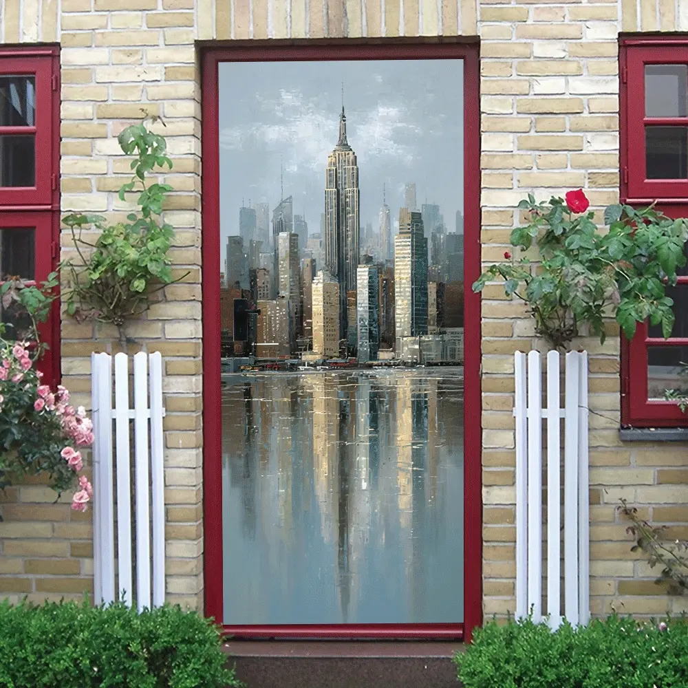 2pcs Modern City Architecture Wall Sticker New York Empire State Building Skyline Reflection Living Room Entrance Decorative Sticker Self Adhesive Removable Waterproof Wear Resistant Home Wall Art Decal Sticker Decoration