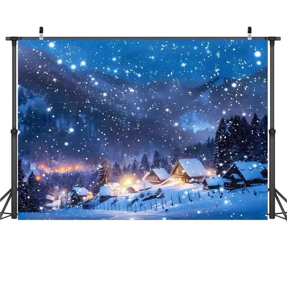 1pc Simple Soft 2D Flat Rustic Polyester Printing Christmas Photography Backdrop Tapestry - Snowy Village & Forest Scene, for Xmas Parties, 70.8x90.5in Indoor/Outdoor Decor