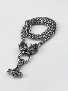 Men's Stainless Steel Viking Hammer Pendant Necklace, Wolf Head Dragon Bone Chain, Cuban Link Chain, 60cm Full Stainless Steel, Street Style Gift