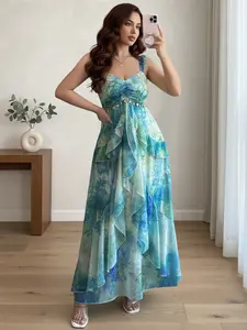 Women's Fashion Elegant Formal Heart Neckline Waist Cinched Ruched Layered Irregular Hem A-Line Dye Print Flowy Belt Decorated Sequins Long Dress Elegance
