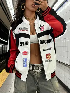 Trendy Letter Print Colorblock Shoulder Drop Pilot Jacket, Women's Fall Winter Casual Streetwear, Windproof Outdoor Coat