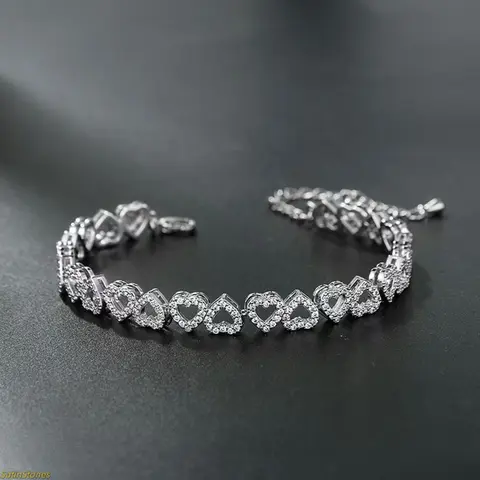 Women's Adjustable Strap Heart Bracelet Set - Bedazzling Style, Silver Shiny Rhinestone Decor Bangles, Light Luxe European-Style, Daily Wear Fashion Jewelry Accessories for Women