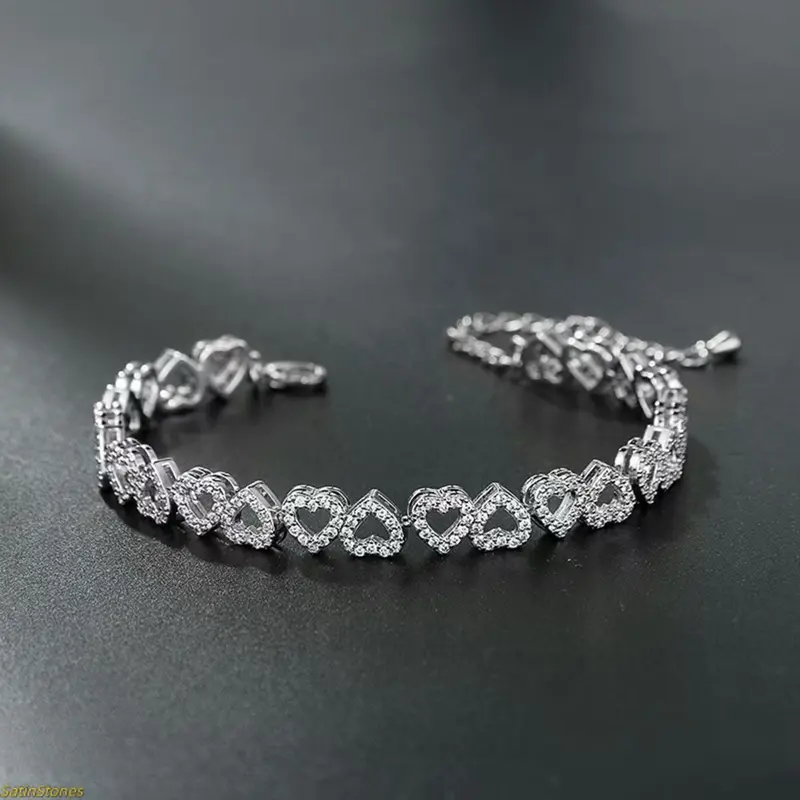 Women's Adjustable Strap Heart Bracelet Set - Bedazzling Style, Silver Shiny Rhinestone Decor Bangles, Light Luxe European-Style, Daily Wear Fashion Jewelry Accessories for Women
