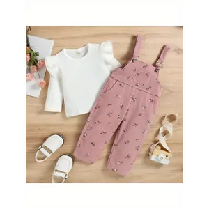 2pcs Kids Suit Set, Solid Color O-Neck Long Sleeve Tops+ Floral Print Suspender Trousers for Girls, 6 Months-4 Years, for Outdoor