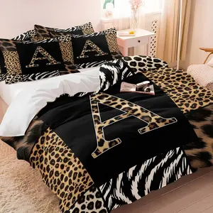 Hot Girl Letter A-Z Duvet Cover Set & 1-2 Pillowcases No Core, Leopard Print Letters, Zebra Print & Dark Brown Hair Texture Collage Pattern, Soft Retro Fashion Bedroom Decor, Personalized Initial Gift
