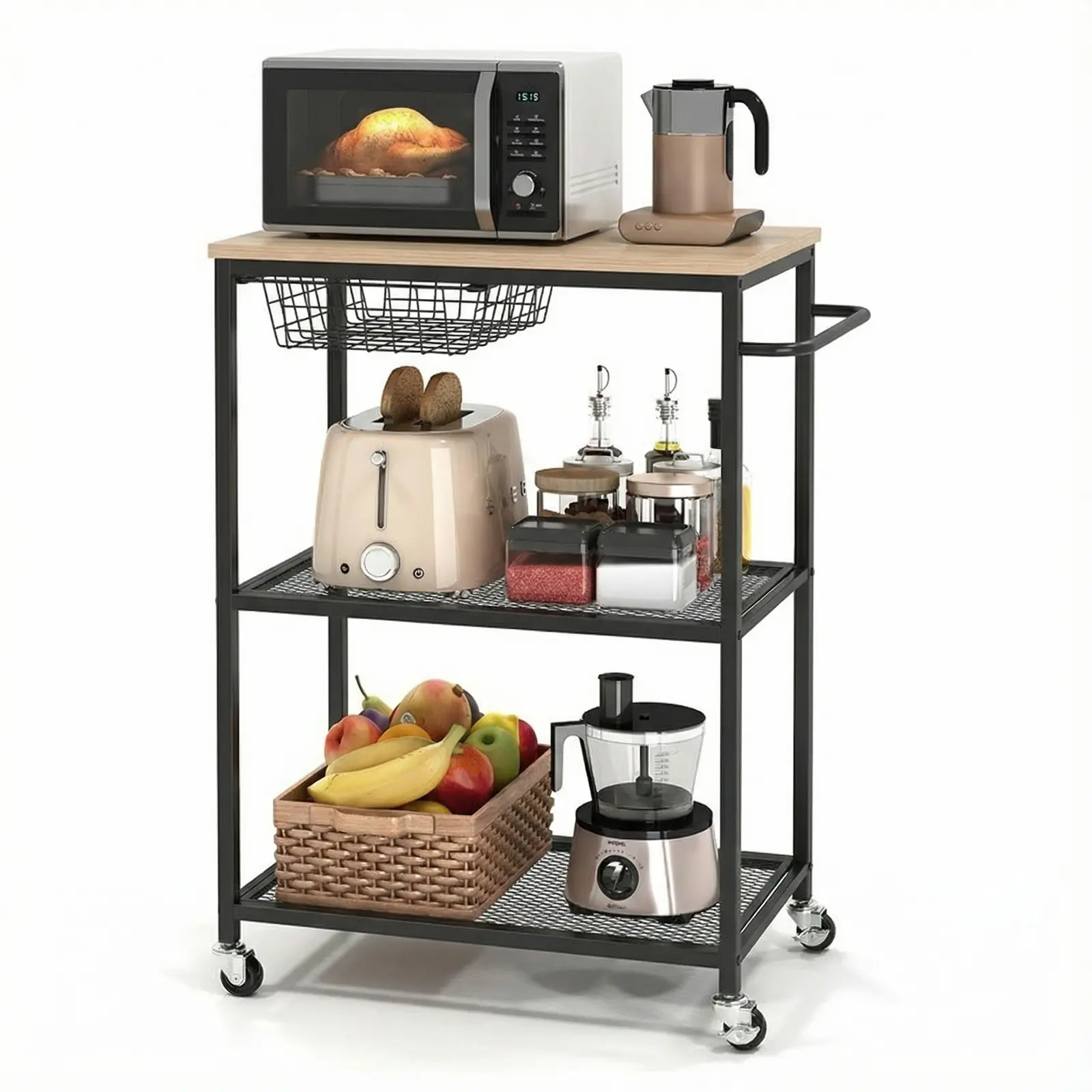Rolling Kitchen Carts on Wheels, 3 Tier Utility Cart with Wood Tabletop Storage Cart, Metal Serving Carts with Handle and Shelf Liner for Island Coffee Bar