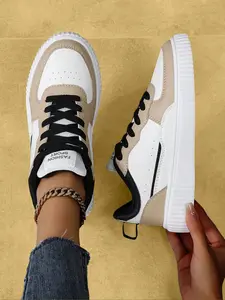 Women's Fashionable Letter Patchwork Design Lace Up Sneakers, Casual Comfortable Breathable Sports Shoes, Female All-match Round Toe Shoes for Daily Wear, Closed
