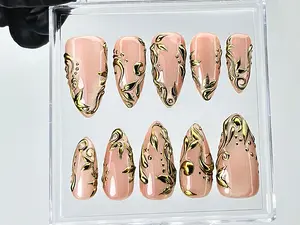 Terra Nails – Nude Gold Leaf Press On Nails | Elegant Baroque Swirl | Metallic Accent Luxury Art | Gold Foil Nude Press Ons – TN221