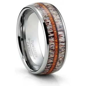 2026 Men's Black Tungsten Ring Wedding Band Deer Antler Whiskey Barrel Wood 8MM Comfort-Fit
